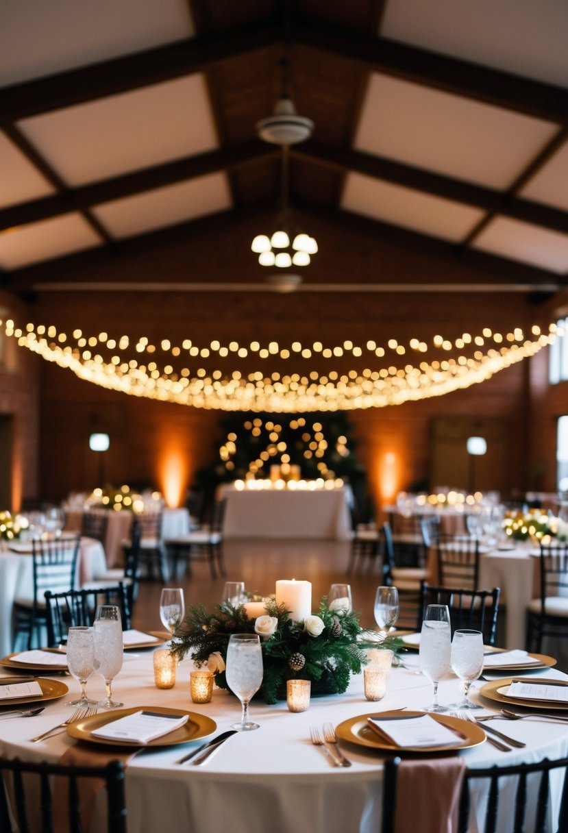 A cozy winter wedding reception at Civic Halls with budget-friendly decor and warm lighting