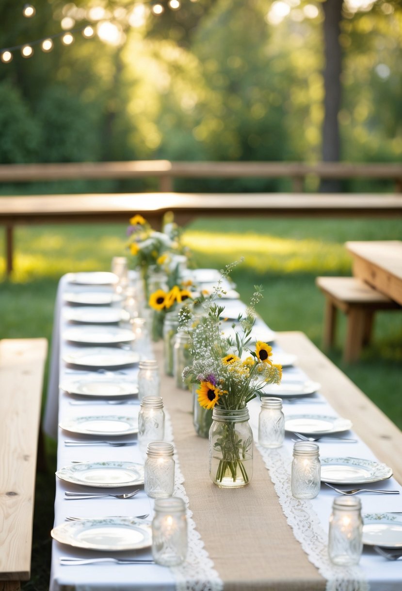 A simple outdoor ceremony with wooden benches, mason jar lanterns, and wildflower bouquets. A vintage lace tablecloth adorns a long reception table with mismatched china and burlap runners