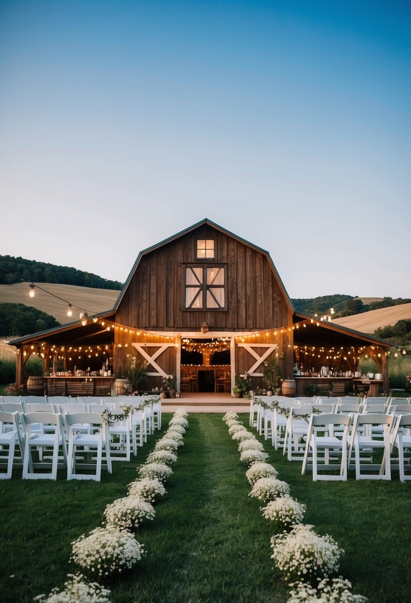 A charming barn venue adorned with string lights and wildflowers, set against a backdrop of rolling hills and a clear blue sky