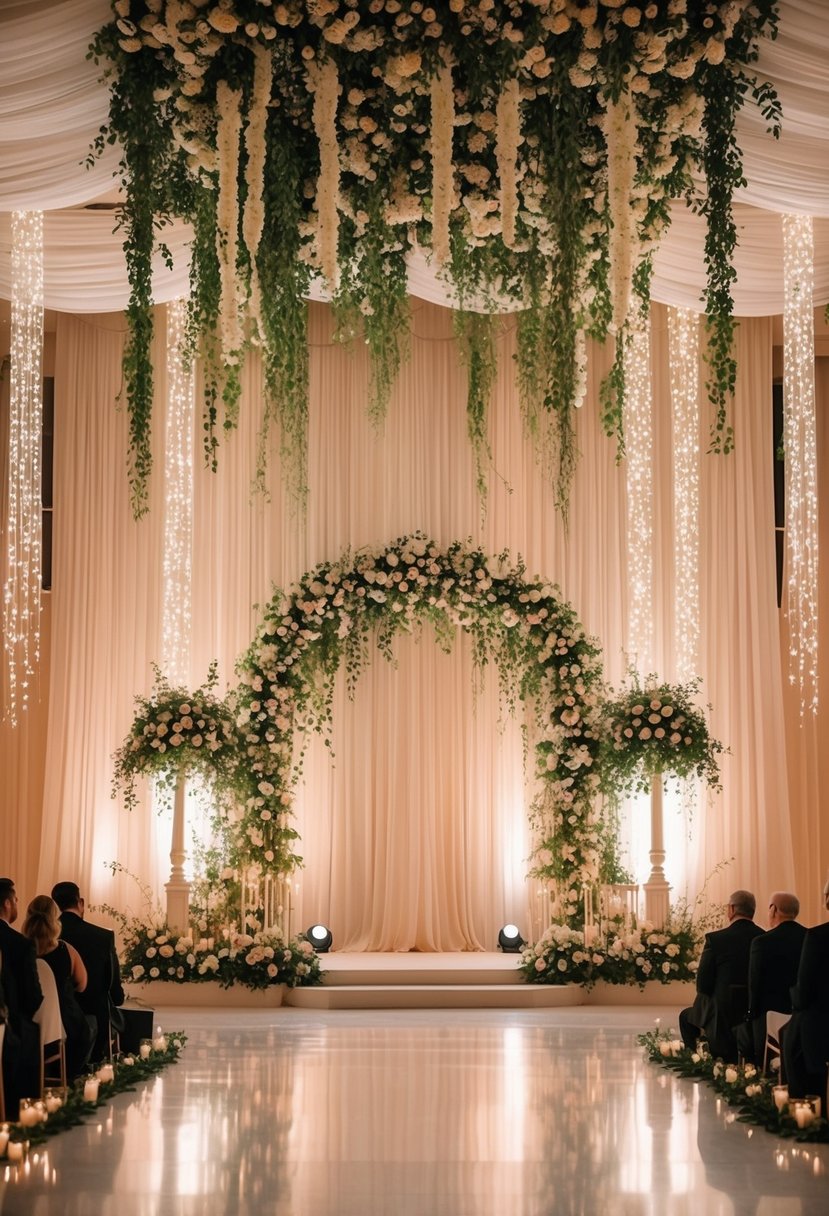 A grand wedding stage with cascading floral arches, twinkling fairy lights, and elegant drapery creating a romantic and enchanting atmosphere