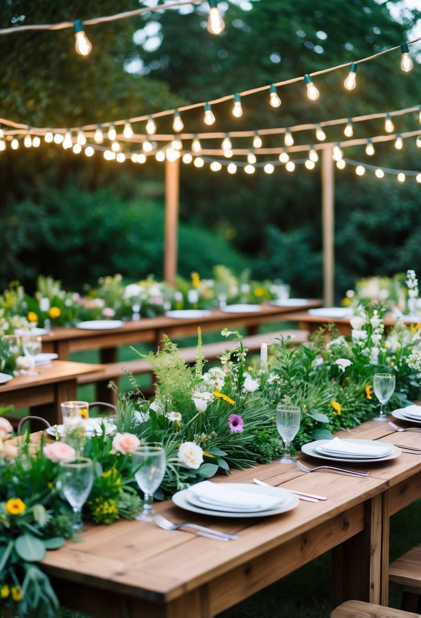 Lush greenery and wildflowers adorn wooden tables at an outdoor wedding. Twinkling lights hang overhead, creating a cozy and romantic atmosphere