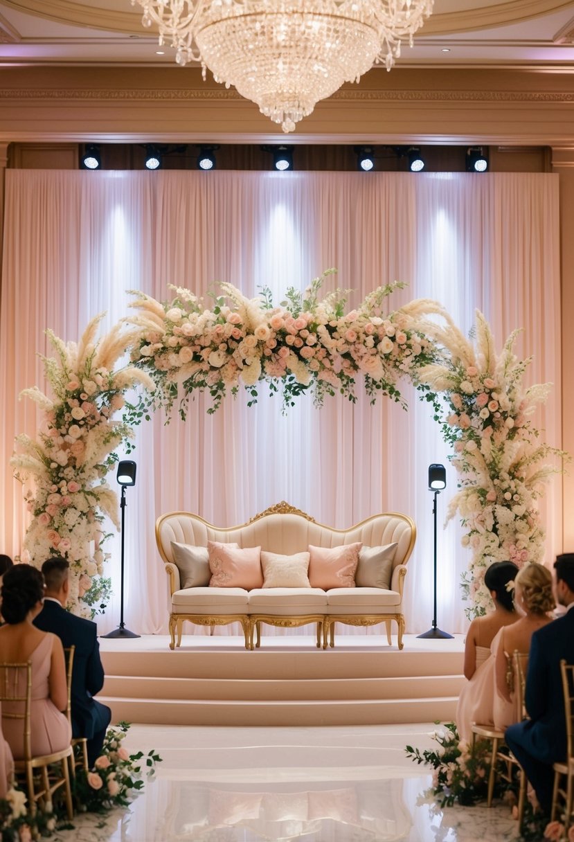 A grand wedding stage adorned with elegant floral arrangements in soft pastel colors, creating a romantic and sophisticated atmosphere