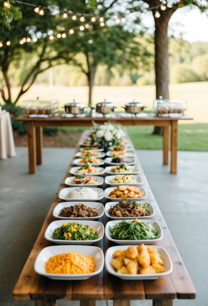 A long wooden table adorned with an assortment of simple yet elegant buffet-style meal options, set against the backdrop of a charming outdoor rustic wedding venue