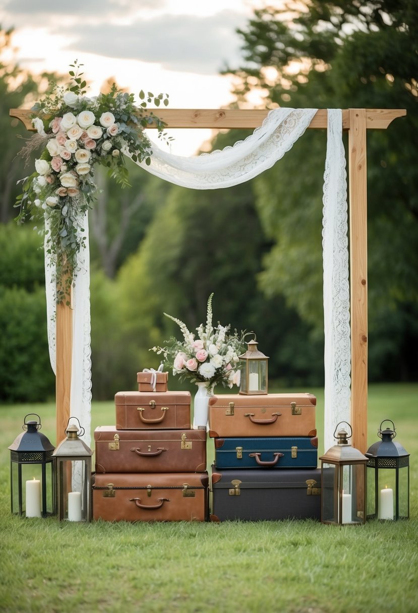 A wooden arch adorned with lace and flowers, vintage suitcases, and antique lanterns create a rustic wedding stage