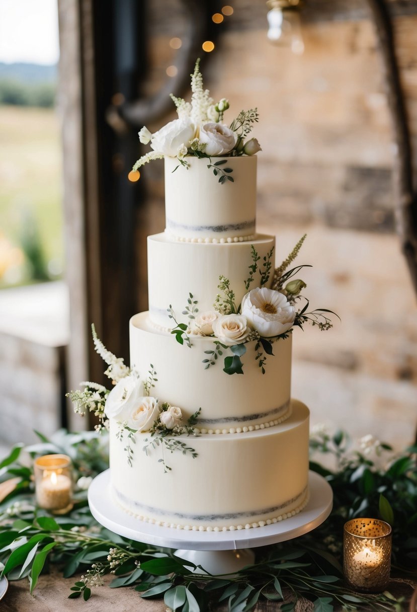 A three-tiered wedding cake adorned with delicate floral designs, set against a backdrop of rustic decor and natural elements