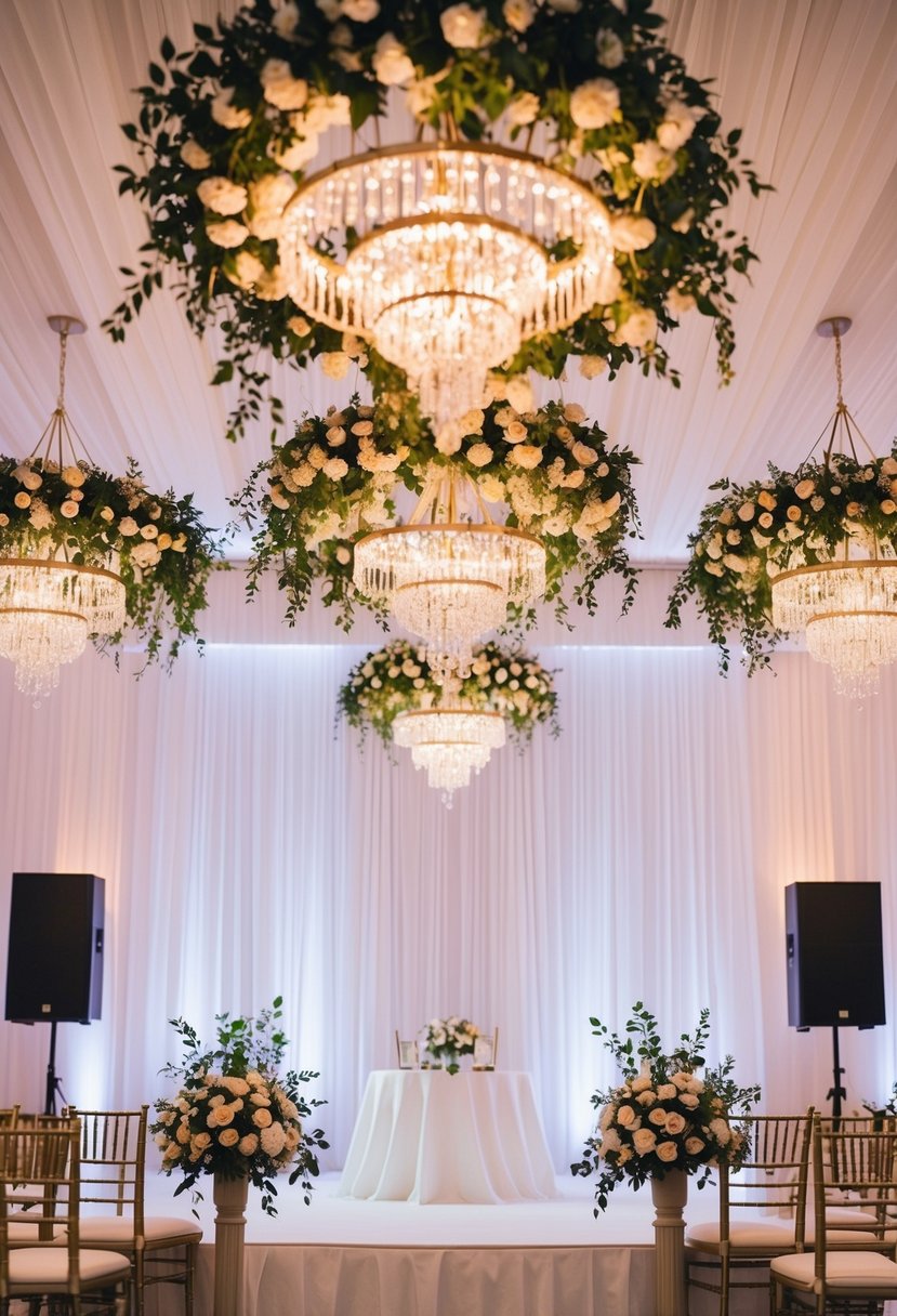 A wedding stage adorned with hanging flower chandeliers, creating a romantic and elegant atmosphere