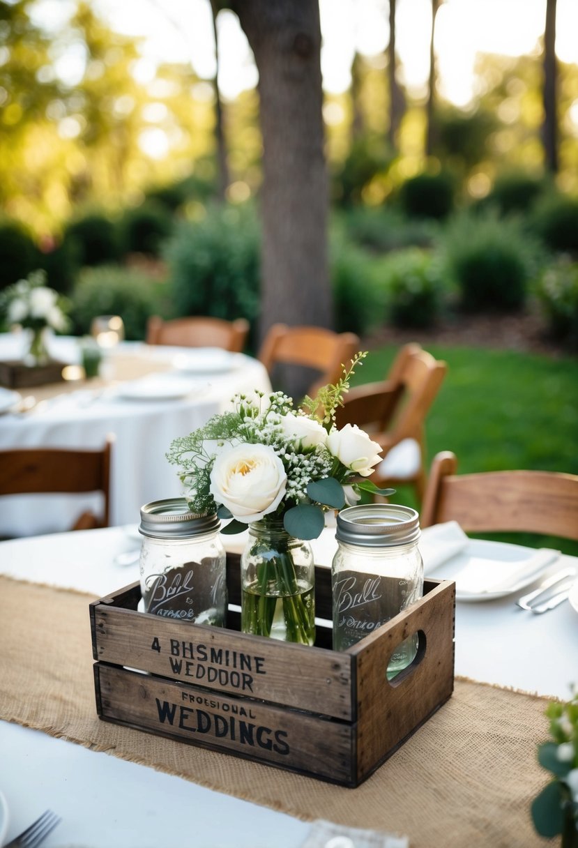 A cozy outdoor wedding setting with repurposed vintage accents, including wooden crates, mason jar centerpieces, and burlap table runners