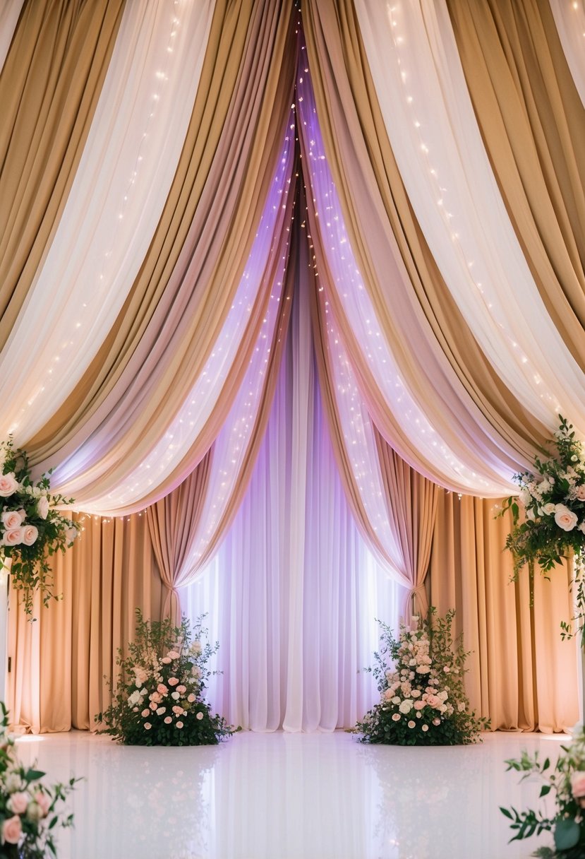 Luxurious drapes cascade from above, framing a wedding stage. Soft, pastel colors create an elegant and romantic atmosphere, accented with twinkling fairy lights and fresh floral arrangements