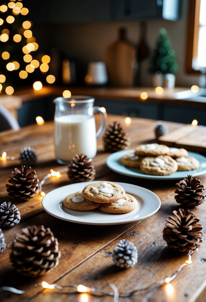 A cozy kitchen scene with a plate of homemade cookies on a rustic wooden table, surrounded by winter-themed decor like pinecones and twinkling lights