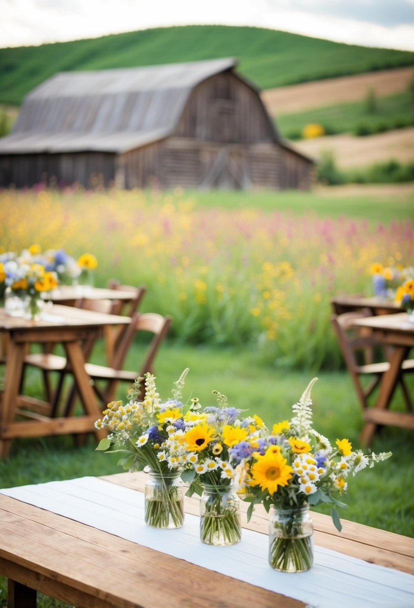 A charming outdoor setting with wildflower bouquets adorning wooden tables, set against a backdrop of rolling hills and a rustic barn