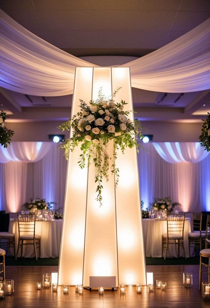 A tall, glowing stage illuminated with soft lighting, adorned with elegant wedding decorations