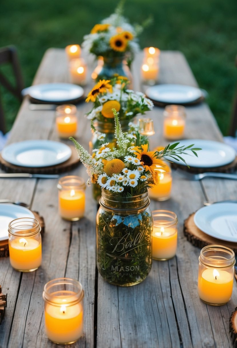 A wooden table adorned with mason jar centerpieces filled with wildflowers and surrounded by flickering tea light candles