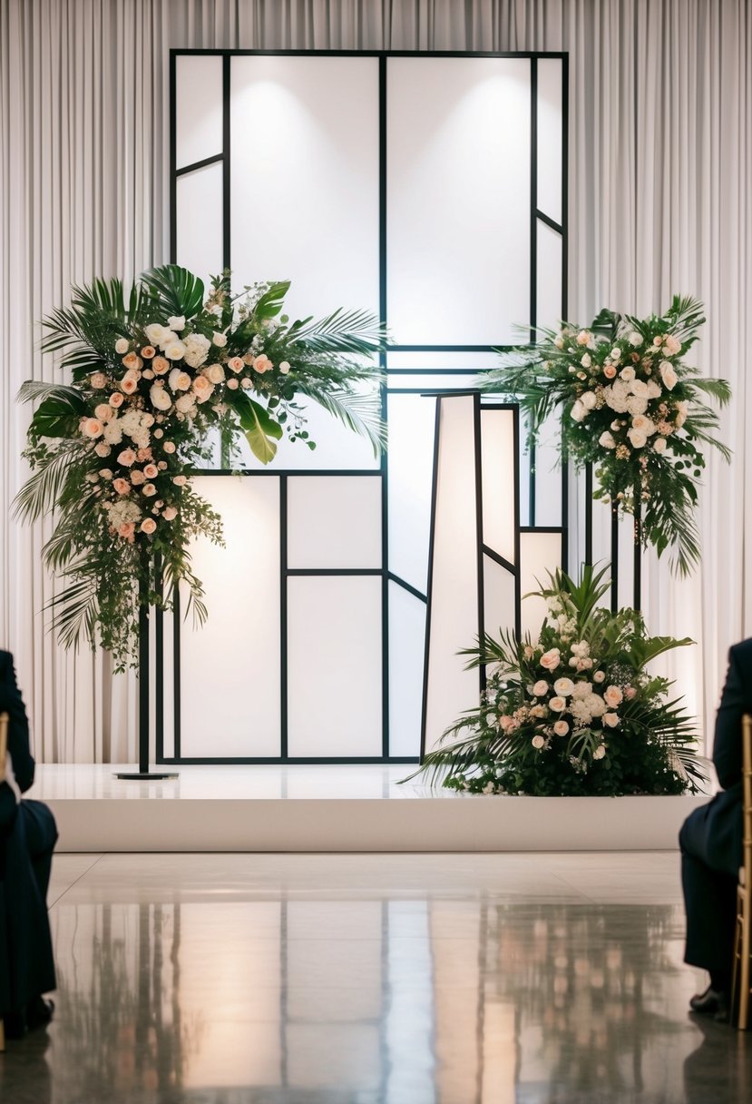 A sleek, modern wedding stage with geometric backdrops and chic floral arrangements