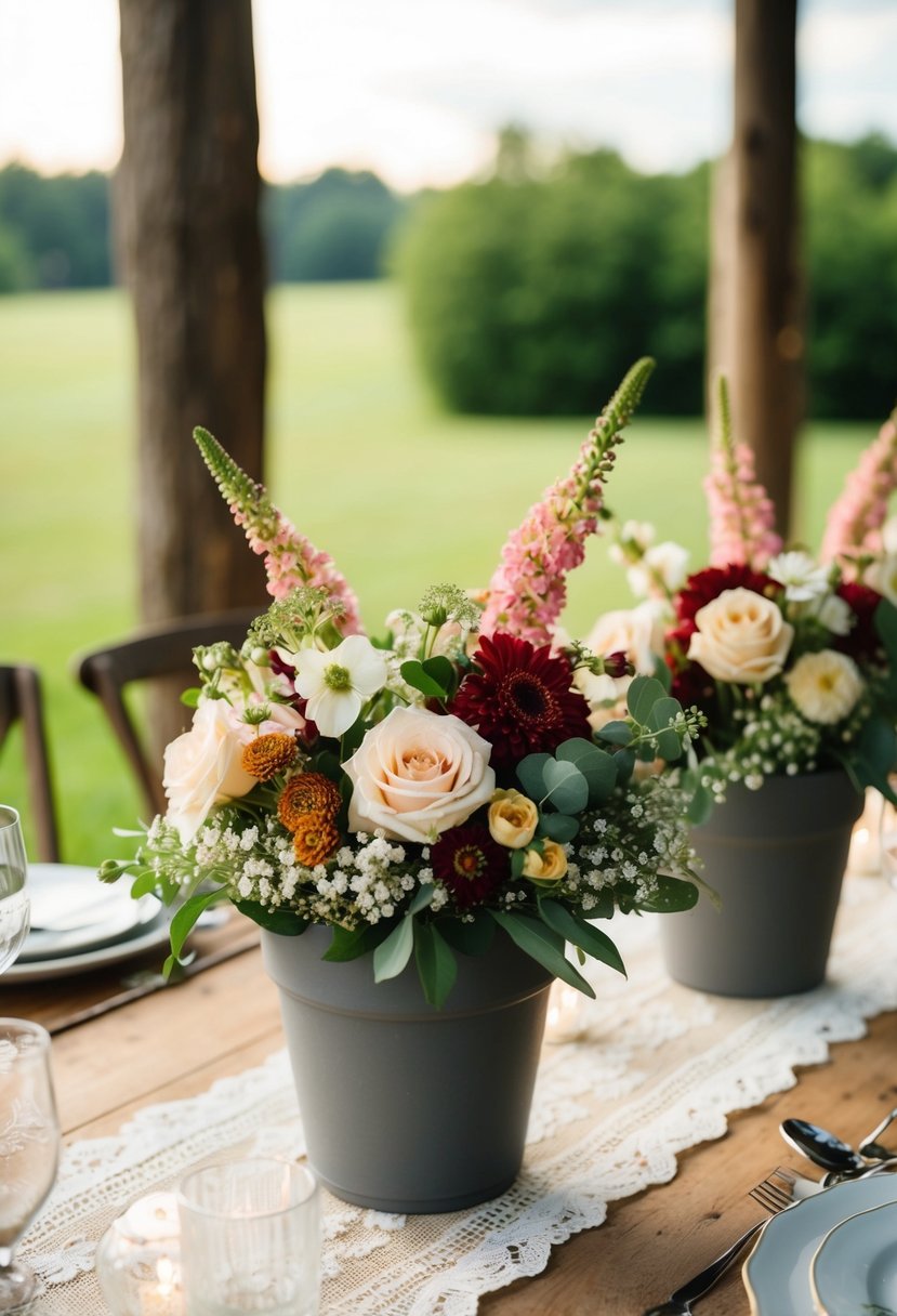 Potted flowers and floral centerpieces adorn a rustic wedding setting