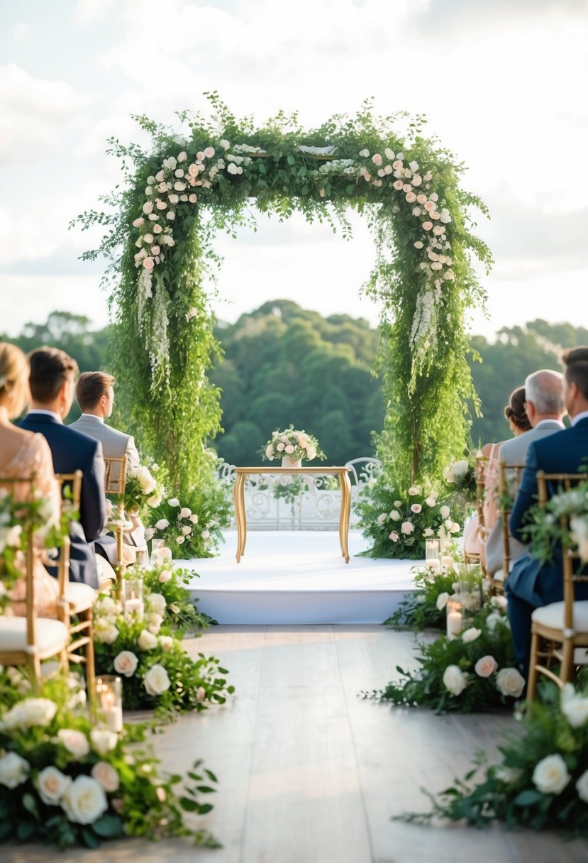 A wedding stage adorned with lush greenery and floral arrangements, creating a serene and romantic atmosphere