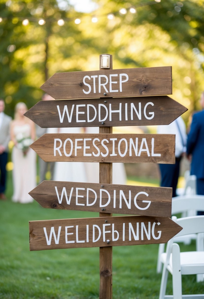 Rustic wooden signs point in different directions, guiding guests at a budget-friendly wedding