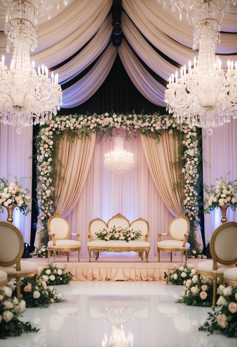 A grand, floral-adorned wedding stage with elegant drapery, crystal chandeliers, and ornate furniture arranged in a classic romantic style