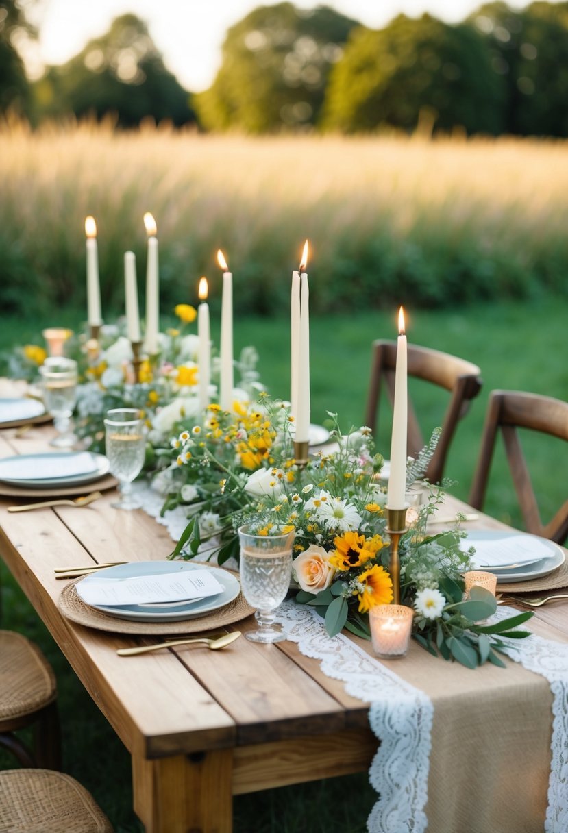 A wooden table with burlap and lace runners, adorned with wildflowers and candles, set in a rustic outdoor wedding setting