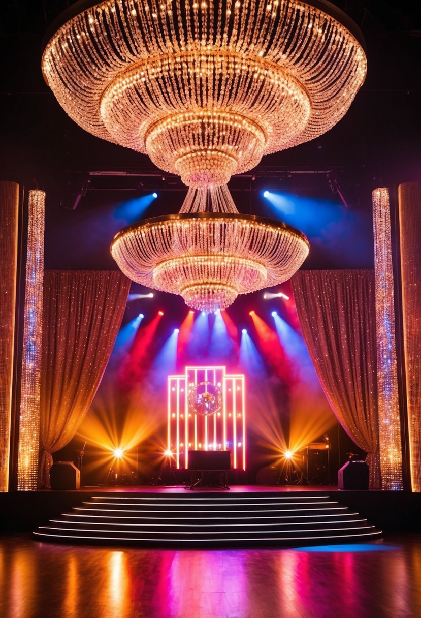 The stage is bathed in warm, colorful lights, creating a vibrant and lively atmosphere reminiscent of a cabaret. Sparkling chandeliers and glittering curtains add to the glamorous ambiance