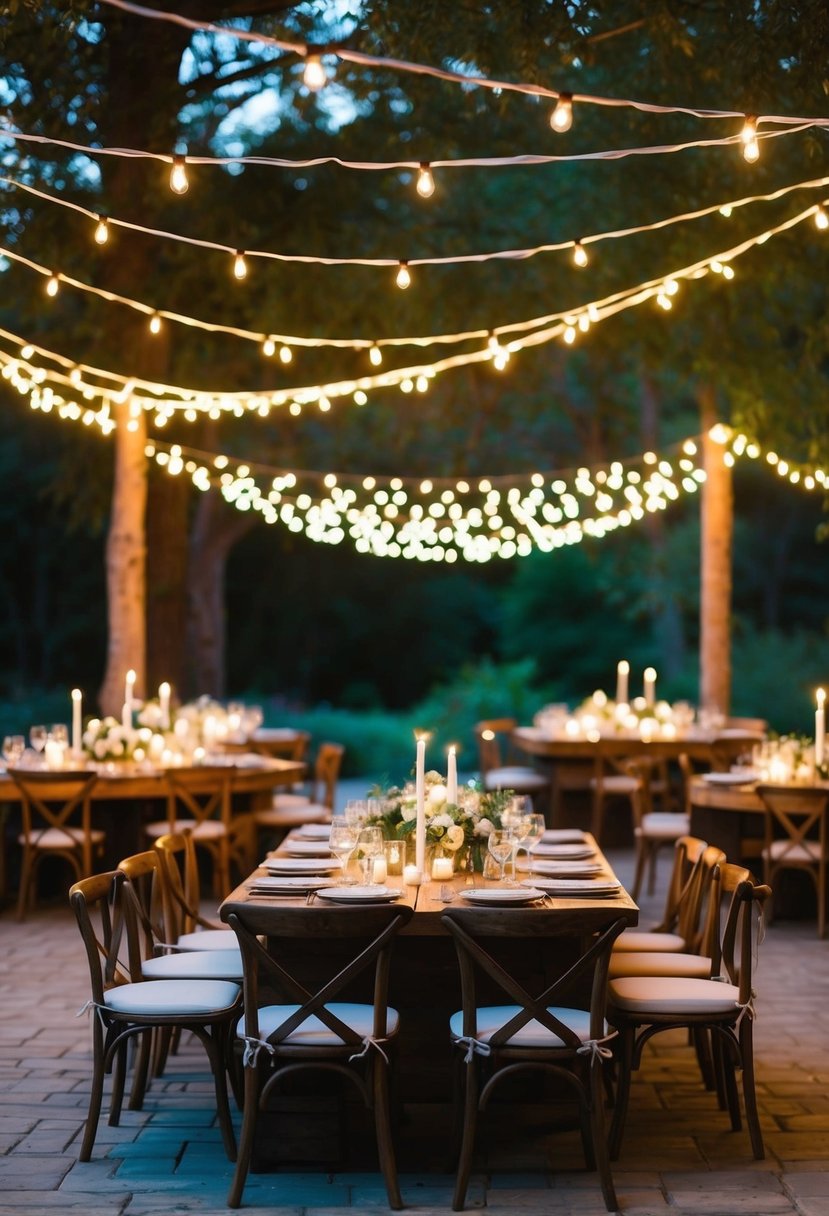 A cozy outdoor setting with draped string lights illuminating a rustic wedding reception. Twinkling lights create a warm and romantic ambiance