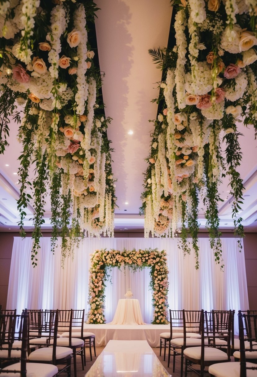 An elegant wedding stage with cascading floral ceiling installations