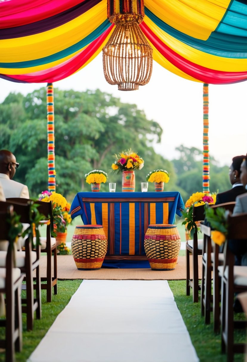 An outdoor wedding ceremony with vibrant traditional African decor, including colorful fabric draping, wooden furniture, and woven baskets