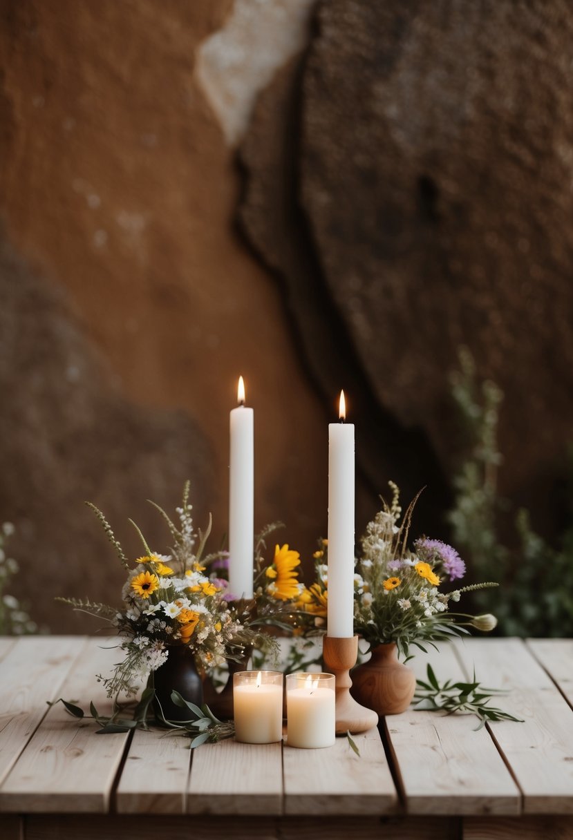 A simple wooden table adorned with wildflowers and candles, set against a backdrop of earthy tones and natural textures