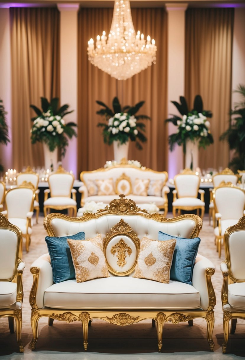 Luxurious royal theme chairs and sofas arranged in an elegant wedding stage setting