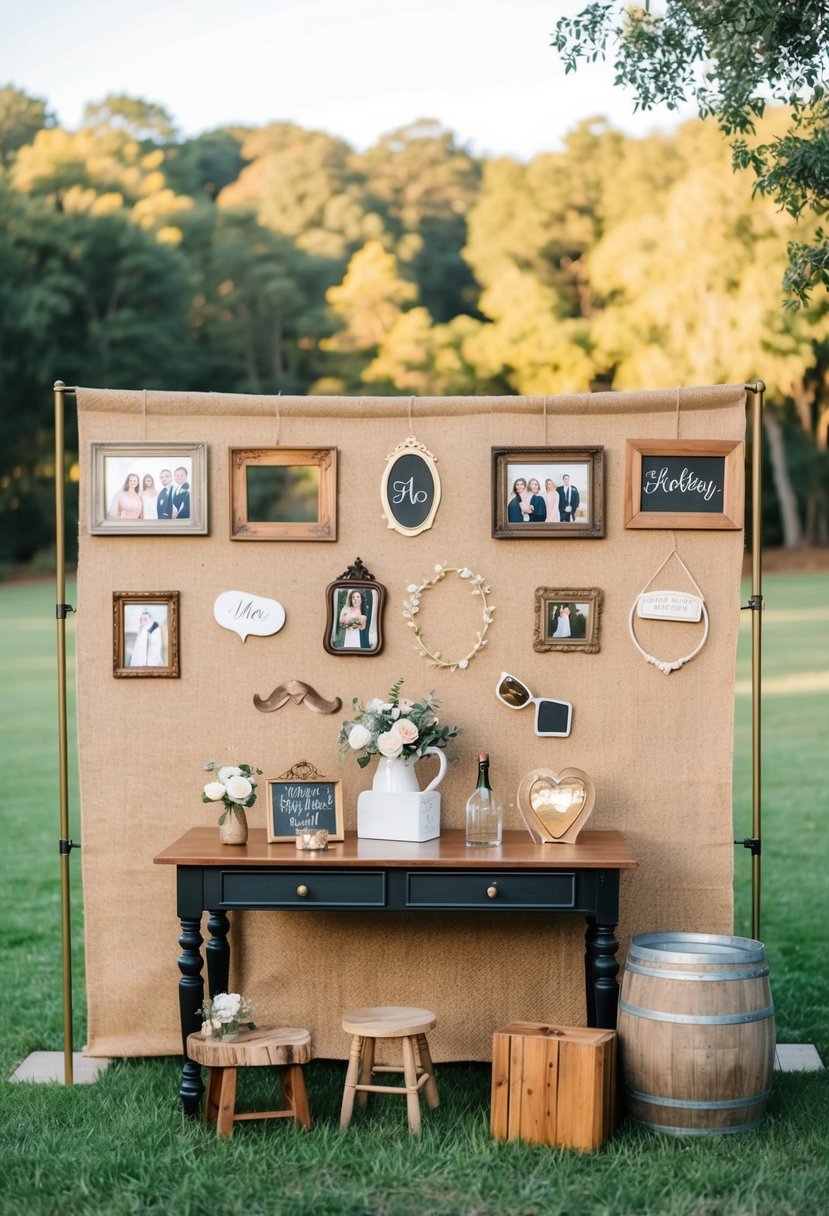 A quaint, rustic photo booth setup at a budget-friendly wedding, featuring wooden frames, vintage props, and burlap backdrops