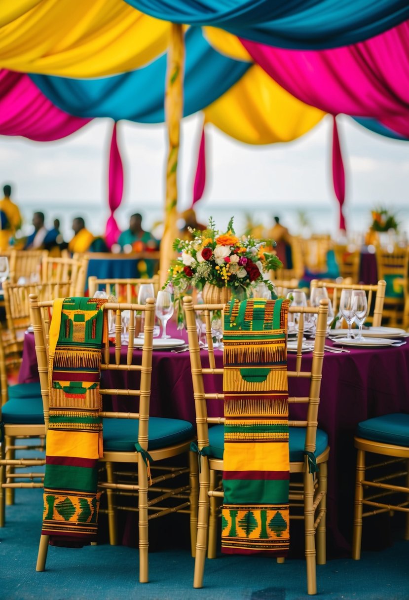 A traditional African wedding setting with Kente cloth draping the chairs and tables, vibrant colors and intricate patterns creating a festive atmosphere