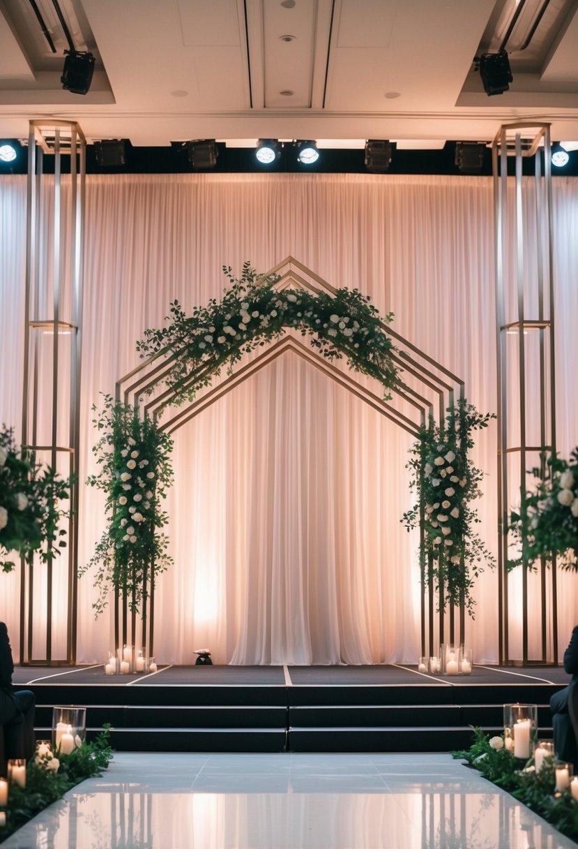 A grand wedding stage adorned with sleek geometric arch structures in metallic hues, accented with lush greenery and soft lighting