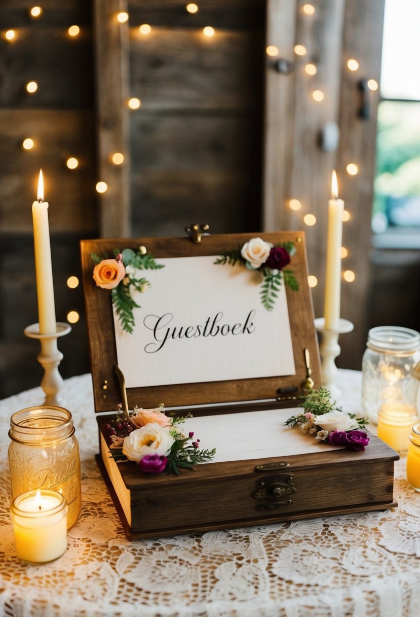 A rustic wooden guestbook with floral accents sits on a lace-covered table, surrounded by vintage mason jars and flickering candles