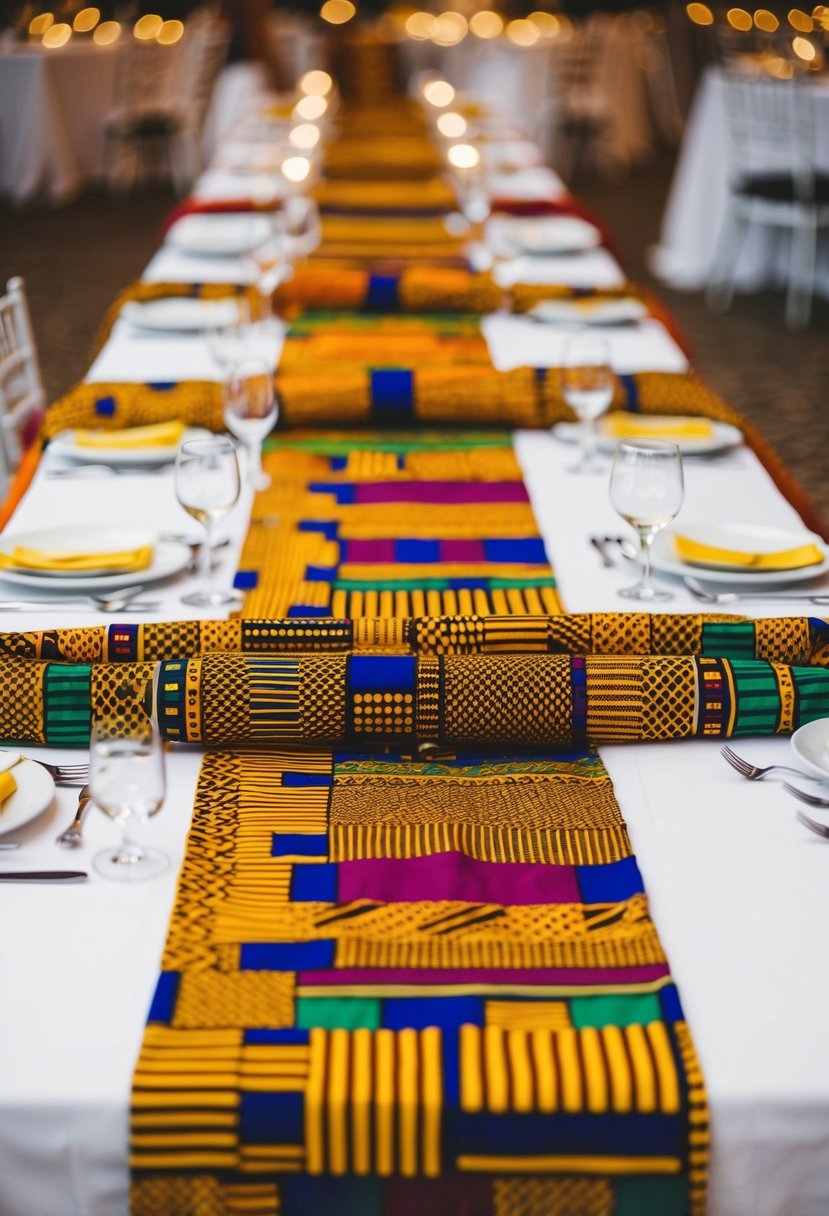 African print table runners adorn a wedding reception table, adding vibrant colors and cultural flair to the celebration