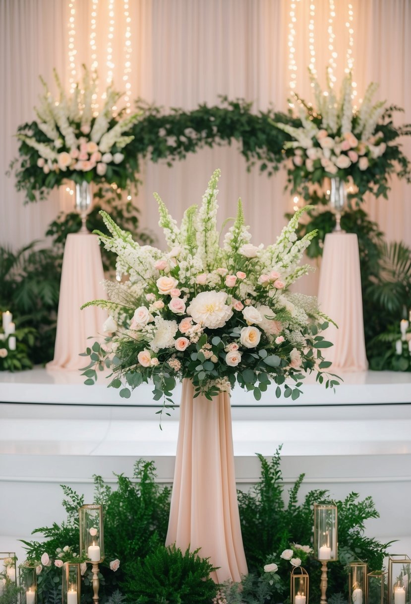 Lush floral centerpieces in pastel hues adorn the wedding stage, surrounded by greenery and twinkling lights