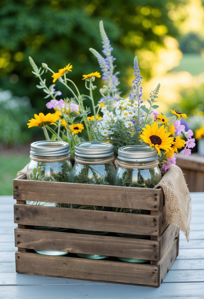 A wooden crate filled with mason jars, wildflowers, and burlap decor