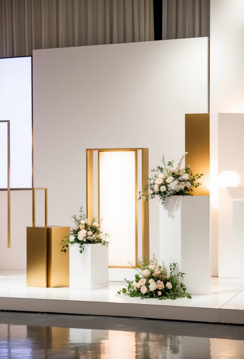 A sleek white and gold stage with geometric shapes, minimal floral arrangements, and soft lighting