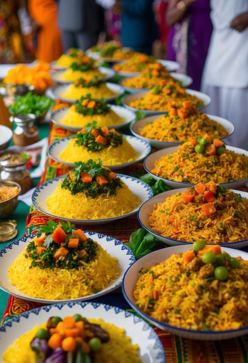 A colorful array of Nigerian jollof rice dishes, garnished with vibrant vegetables and spices, displayed on a decorative station at an African wedding celebration