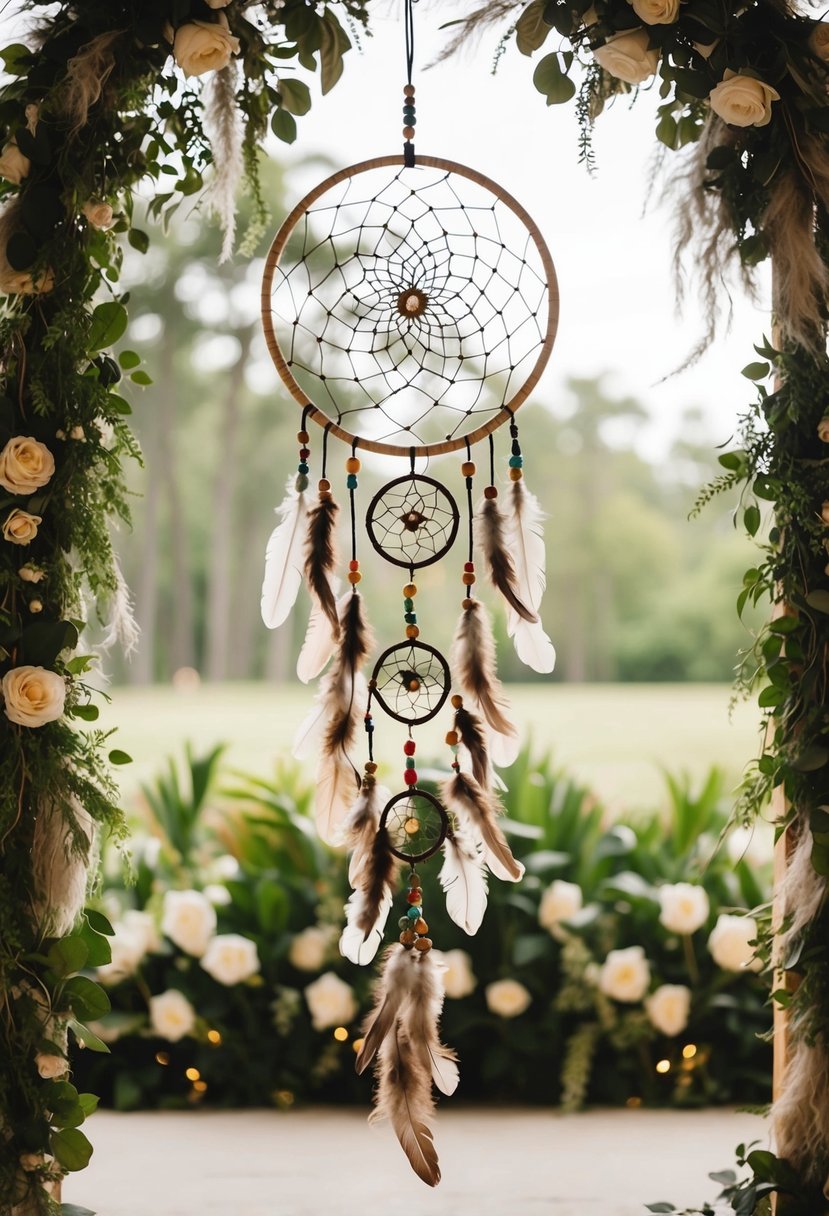 A bohemian dreamcatcher hangs above a wedding stage, adorned with feathers, beads, and intricate patterns, surrounded by lush greenery and soft, flowing fabrics