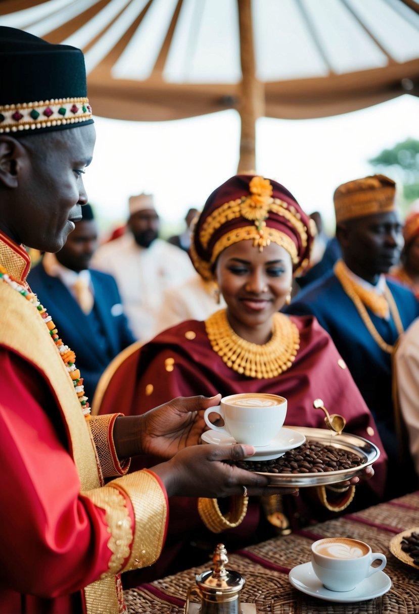 An Ethiopian coffee ceremony at an African wedding with traditional decor and attire