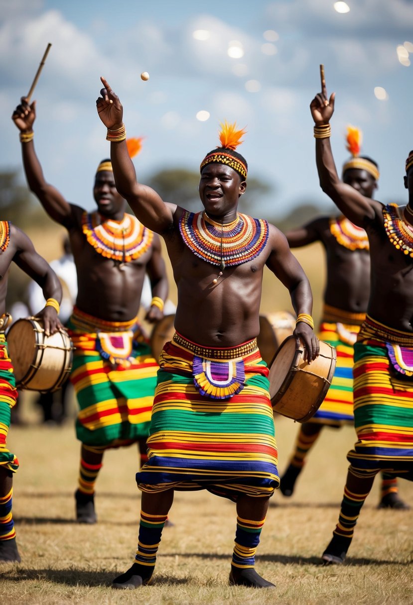 A group of Zulu dancers perform a traditional wedding dance, wearing colorful garments and moving to the beat of drums and singing