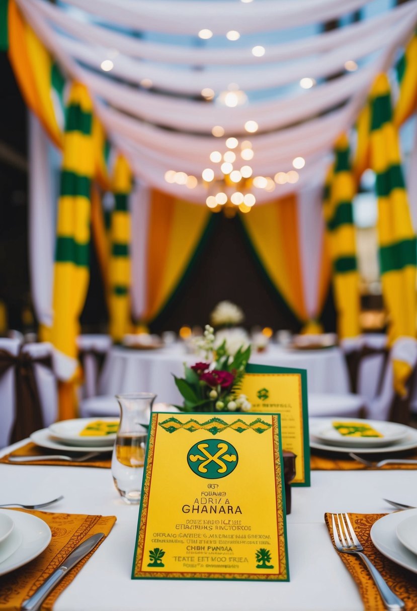 A traditional Ghanaian wedding scene with Adinkra symbols decorating invitations and traditional fabrics adorning the space