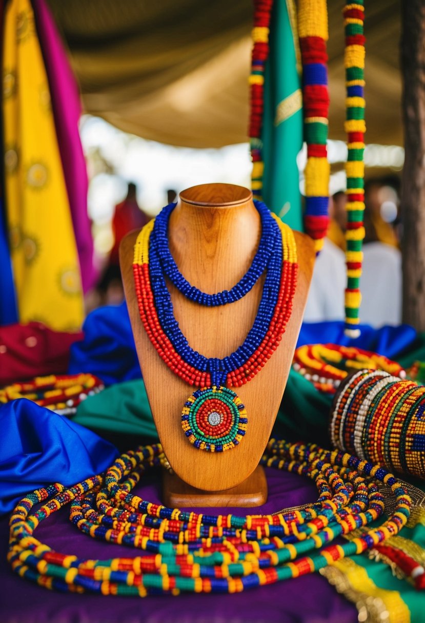 A vibrant Maasai beaded necklace hangs from a wooden stand, surrounded by colorful fabric and traditional African wedding decor