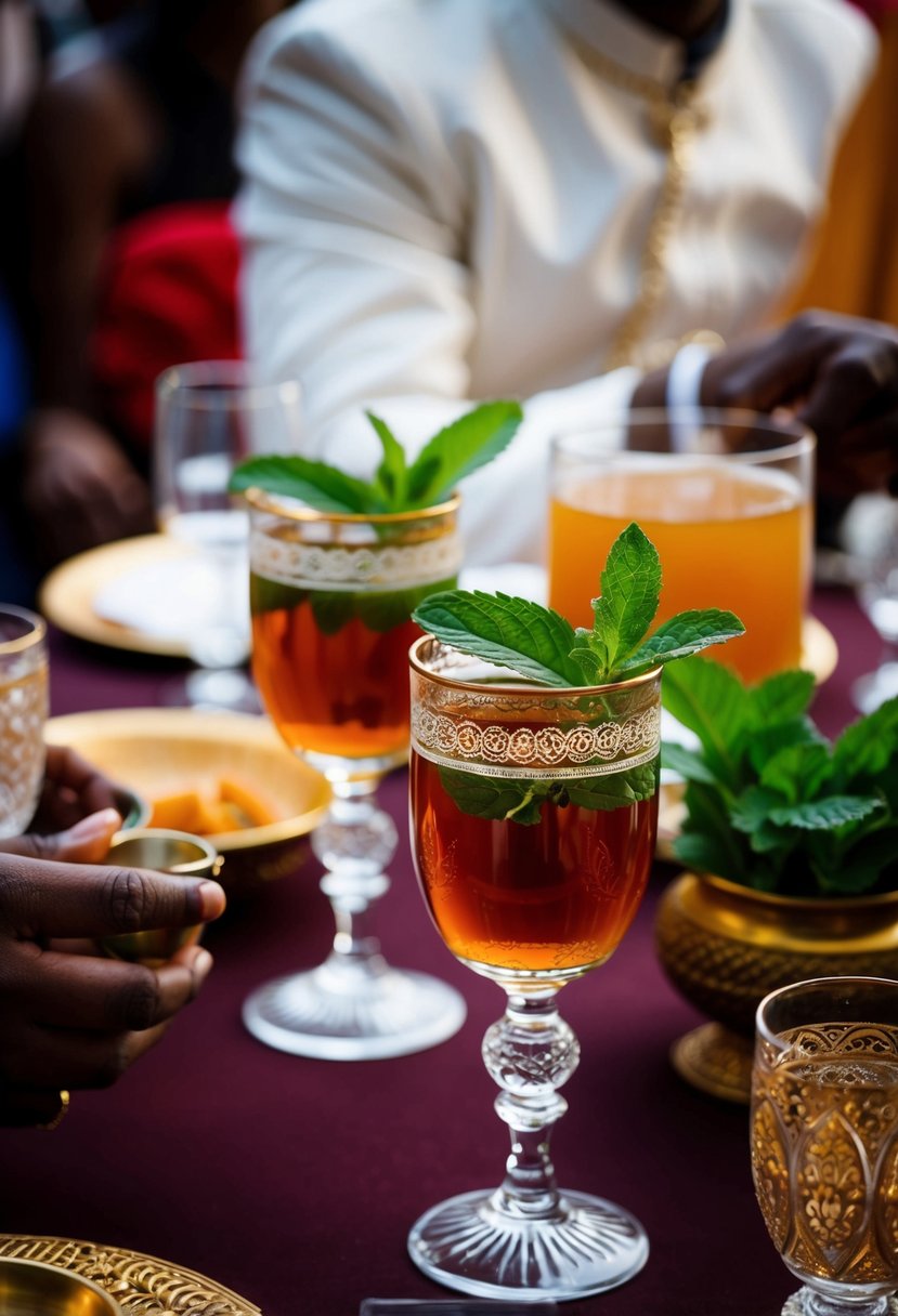 Moroccan mint tea served in ornate glasses at an African wedding