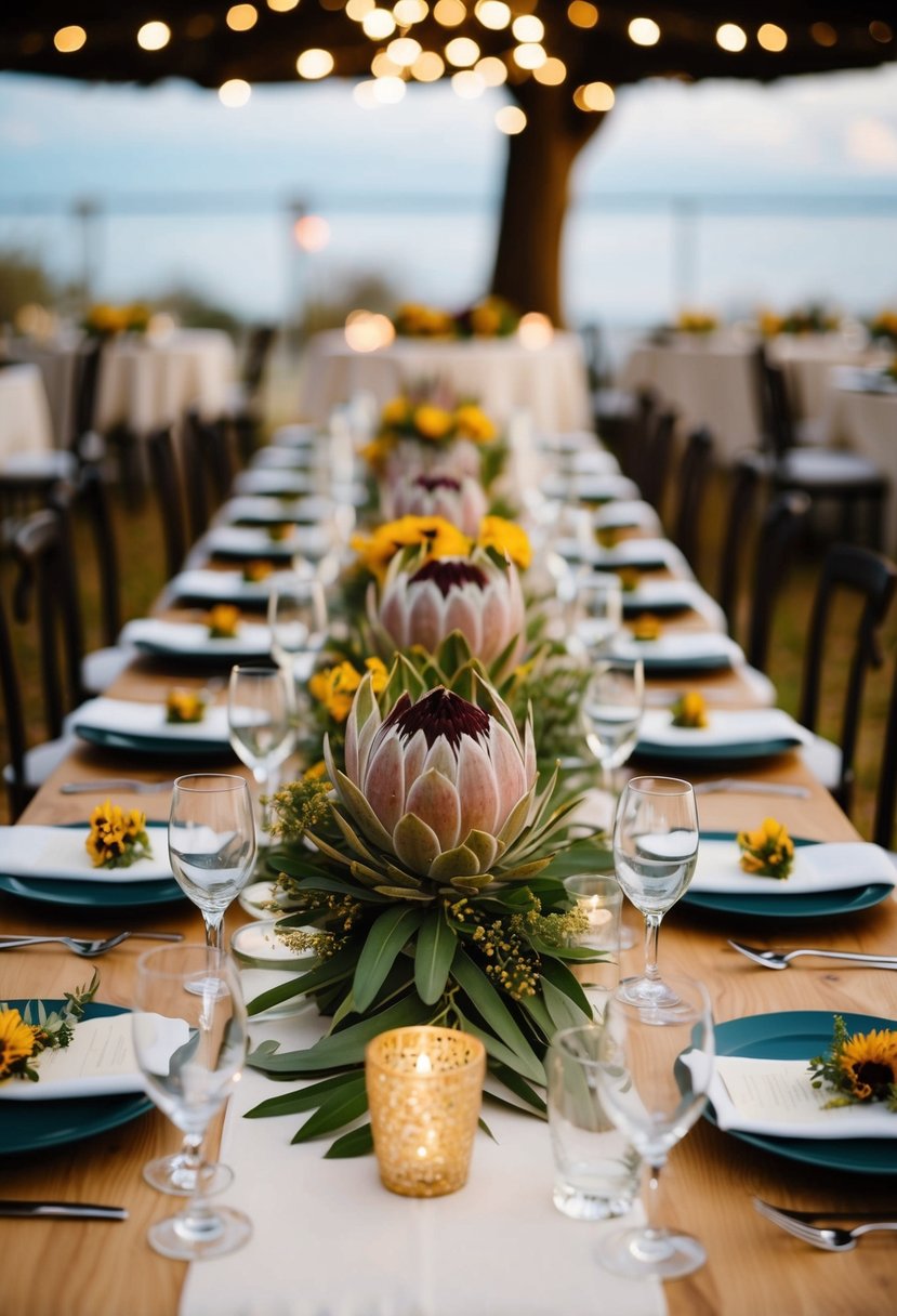 A table adorned with South African protea flowers, set for an African wedding celebration