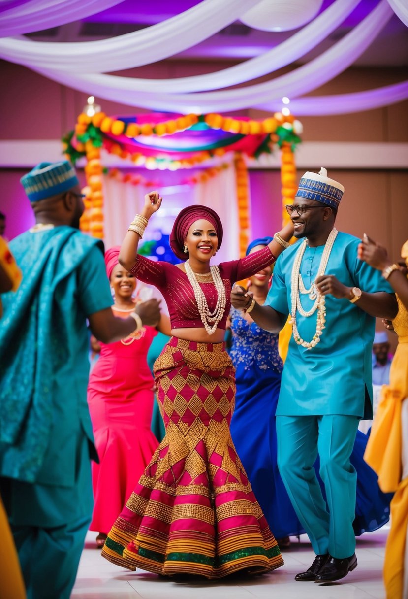 A vibrant Nigerian wedding ceremony with traditional attire, colorful decor, and joyful dancing