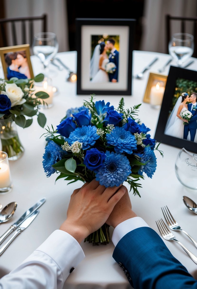 A couple's hands holding a bouquet of blue sapphire flowers, surrounded by framed wedding photos and a table set for a romantic dinner