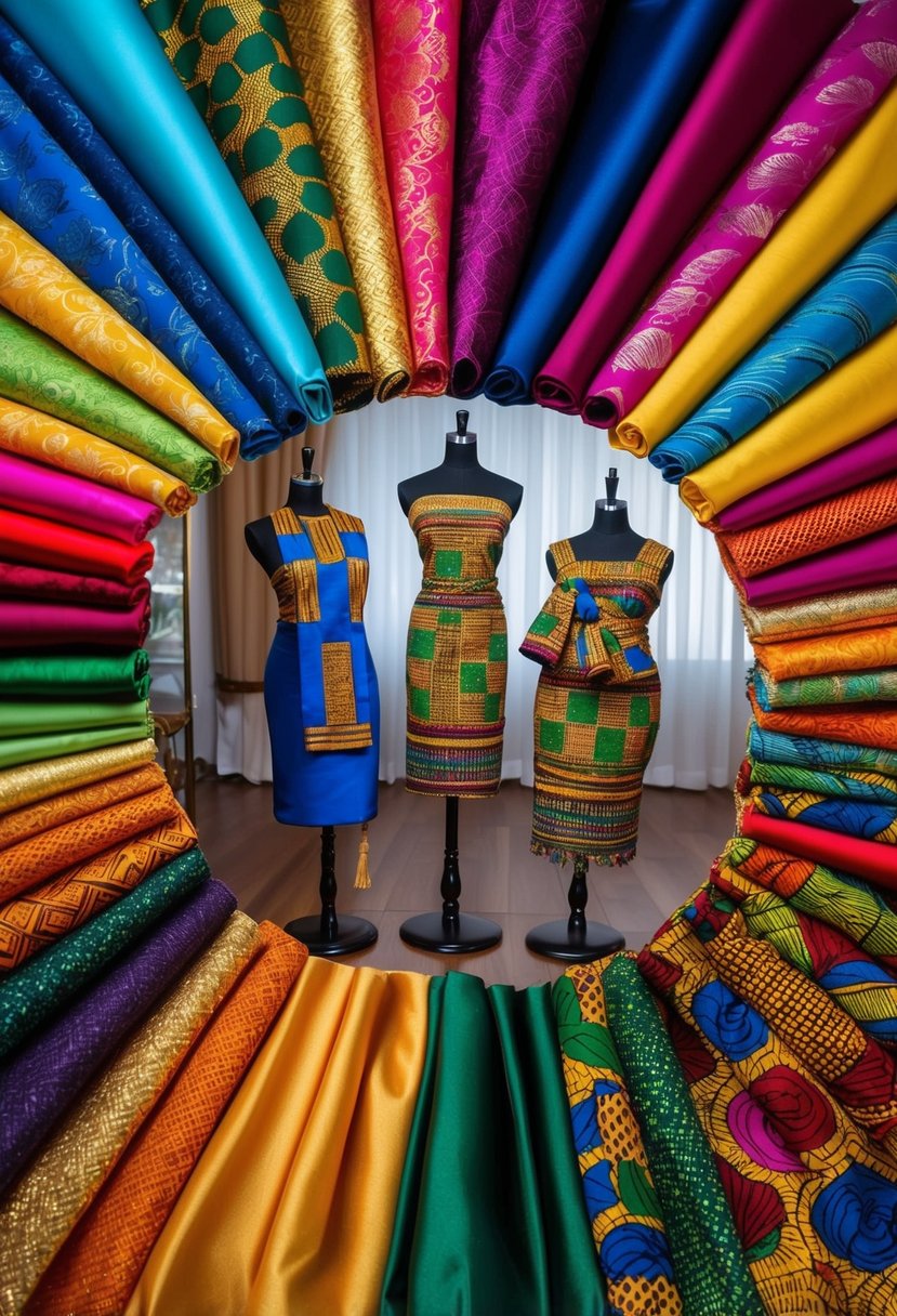 Vibrant fabric swatches arranged in a circle, with traditional African wedding attire displayed on mannequins