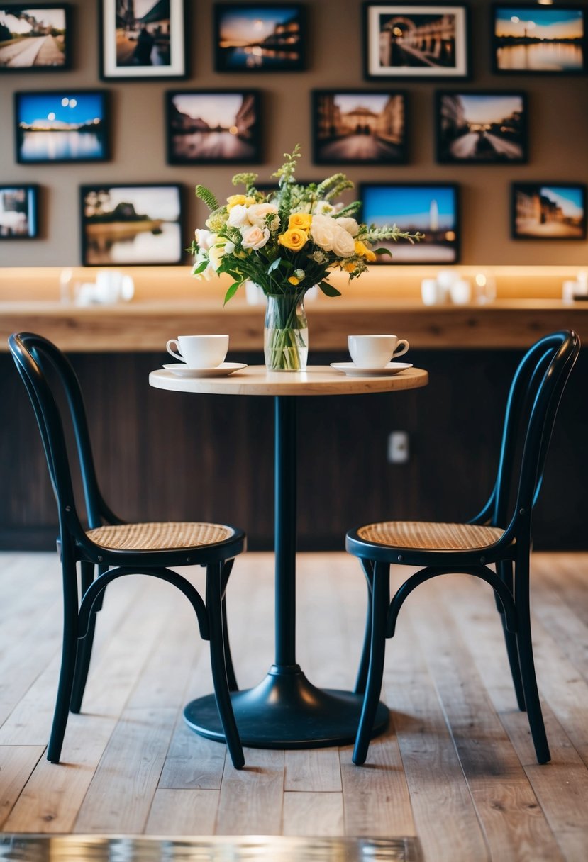 A cozy cafe with two empty chairs facing each other, surrounded by vintage photos and a vase of fresh flowers