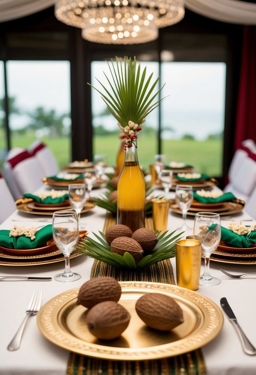 A table set with kola nuts, palm wine, and traditional Igbo wedding decor