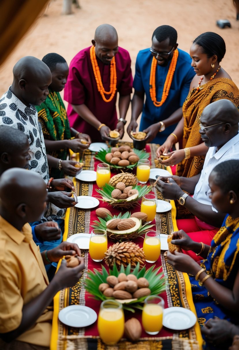 A group of people gather around a beautifully decorated table with kola nuts, palm wine, and traditional fabrics, as they partake in a ceremonial ritual